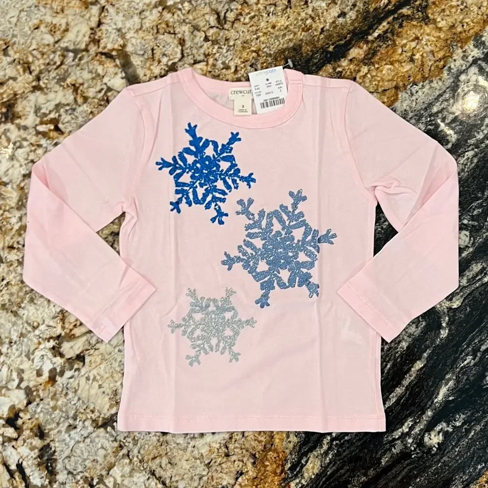 **NWT J. Crew Girls' Pink W/Blue & Silver Glitter Snowflakes Graphic Tee